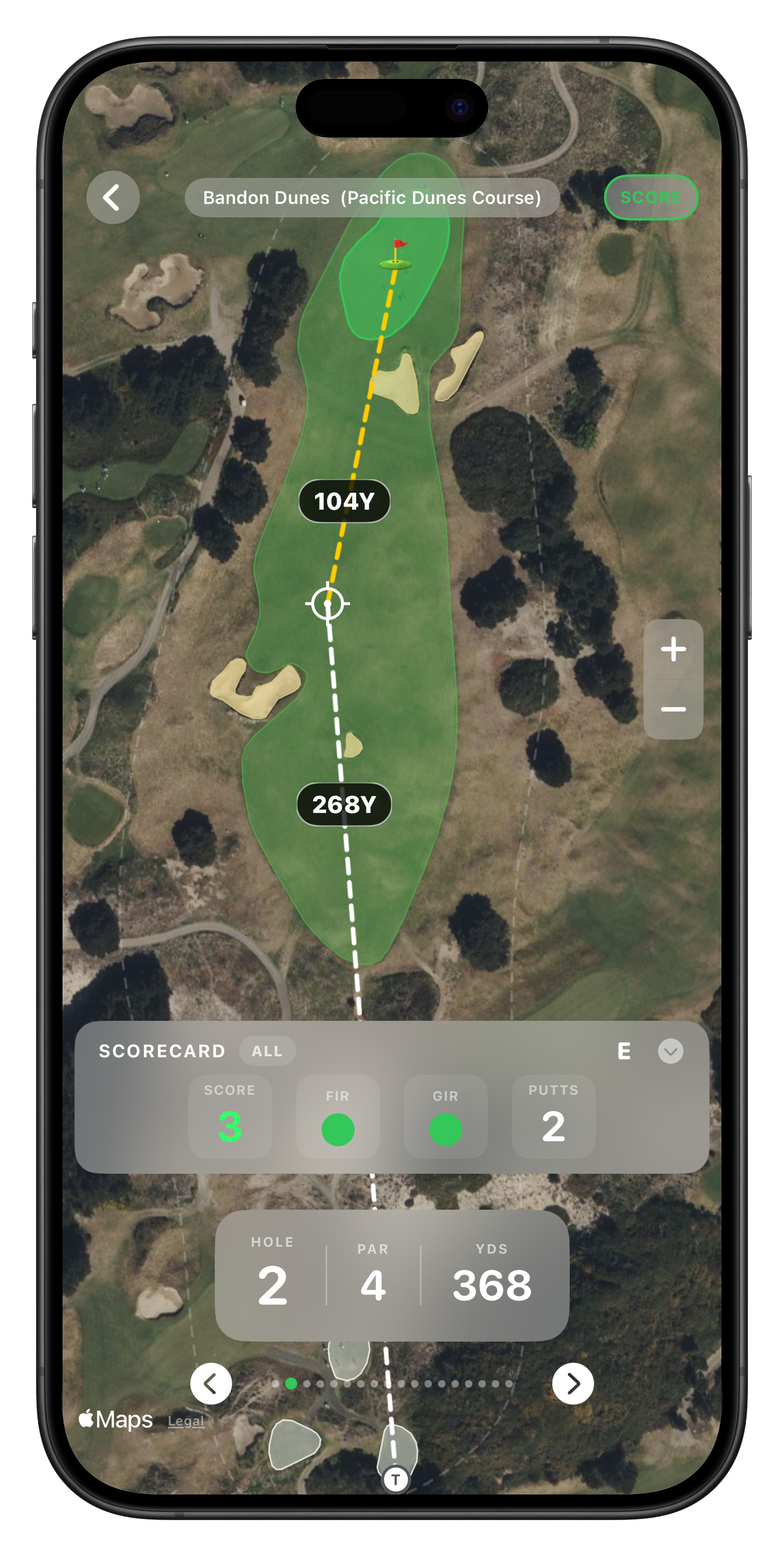 GPS round view showing satellite map with yardage